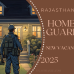 A uniformed home guard stands in front of a well-lit house surrounded by a garden, representing a recruitment announcement for Rajasthan Home Guard vacancies in 2025.