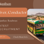 A rajasthan roadways bus driving on a road with a recruitment poster in the background. rajasthan driver & conductor vacancy.