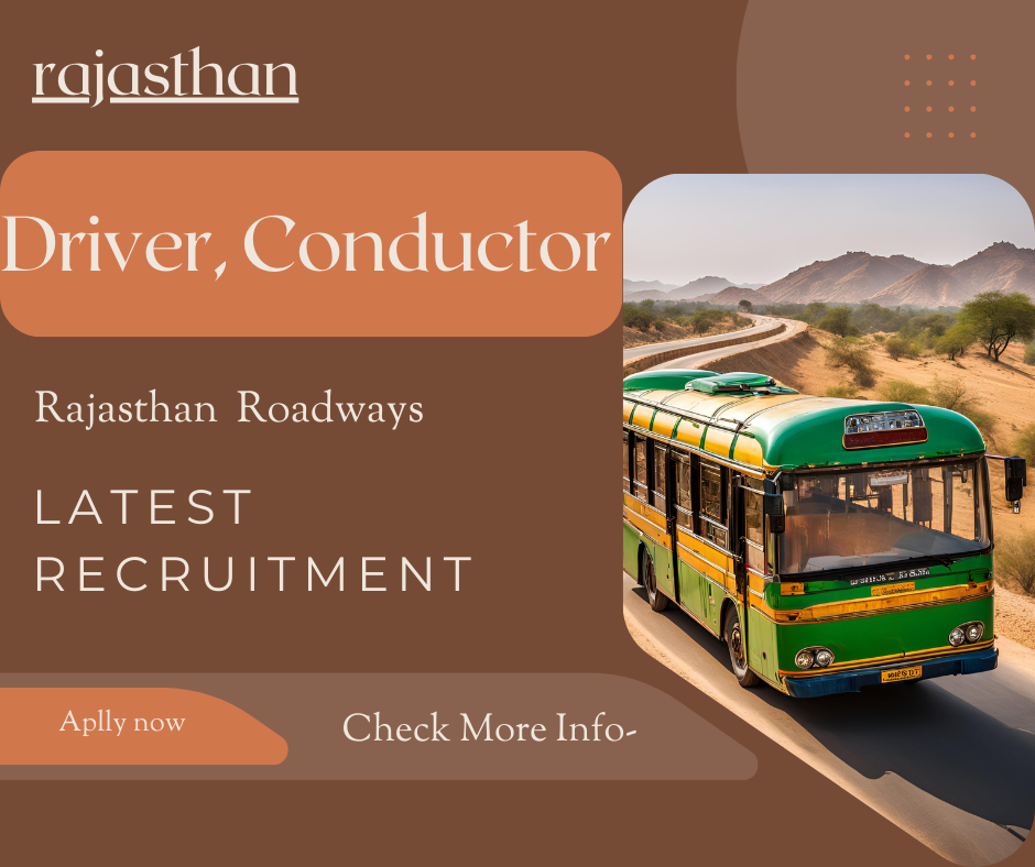 A rajasthan roadways bus driving on a road with a recruitment poster in the background. rajasthan driver & conductor vacancy.