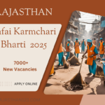 "Announcement for Safai Karmchari Bharti 2025 in Rajasthan with over 7000 new vacancies. Workers in orange uniforms sweeping a street in the background."