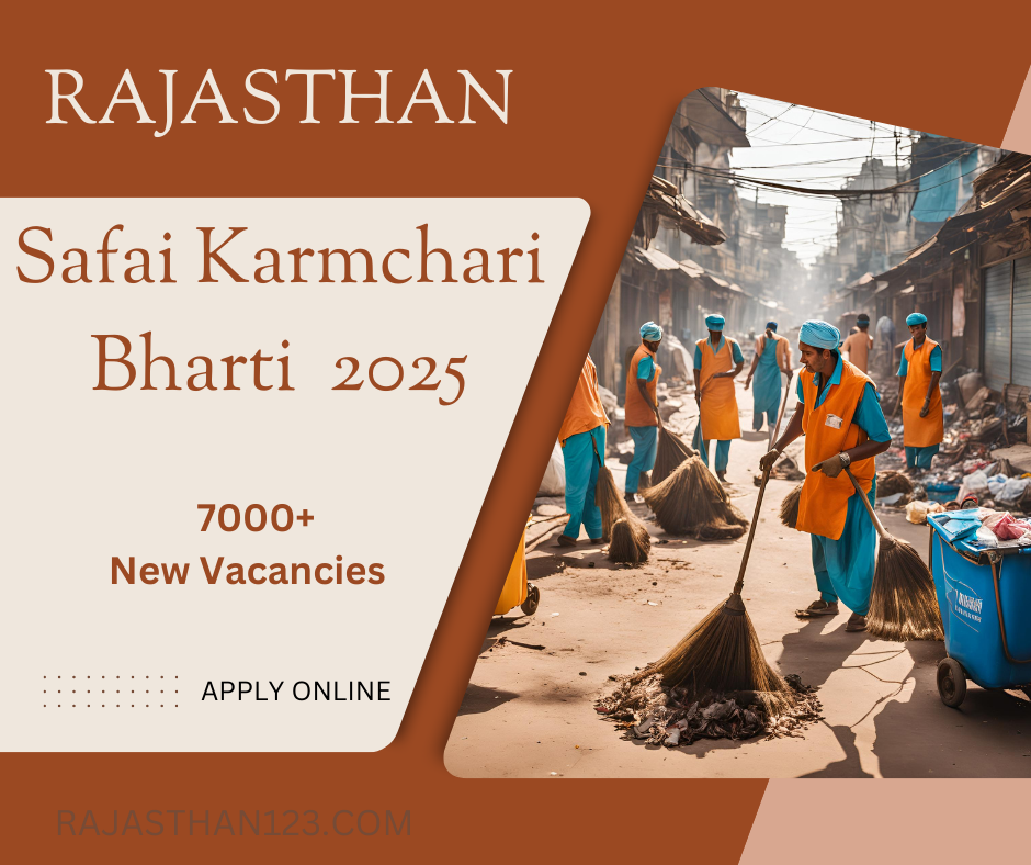 "Announcement for Safai Karmchari Bharti 2025 in Rajasthan with over 7000 new vacancies. Workers in orange uniforms sweeping a street in the background."