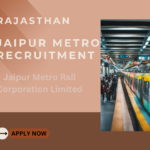 Jaipur Metro Recruitment banner showing a metro station with passengers boarding a colorful train, and a 'Apply Now' button at the bottom.