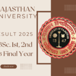 "Rajasthan University Result 2025 announcement banner for BSc 1st, 2nd, and final year with the university emblem and a 'check now' button."