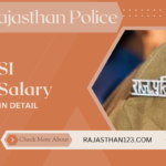 A Rajasthan Police uniform shoulder badge with text highlighting details about the salary of a Sub-Inspector (SI) and a website link for more information.