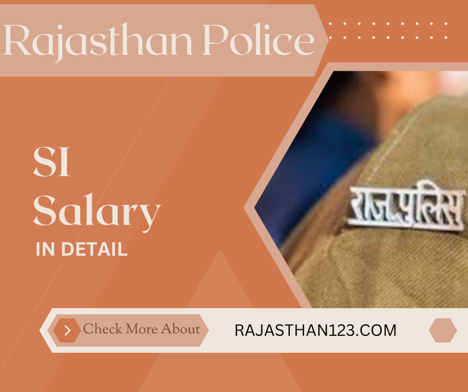 A Rajasthan Police uniform shoulder badge with text highlighting details about the salary of a Sub-Inspector (SI) and a website link for more information.