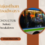 A bus interior with passengers seated, accompanied by text about Rajasthan Roadways conductor salary breakdown and a prompt to check more information.