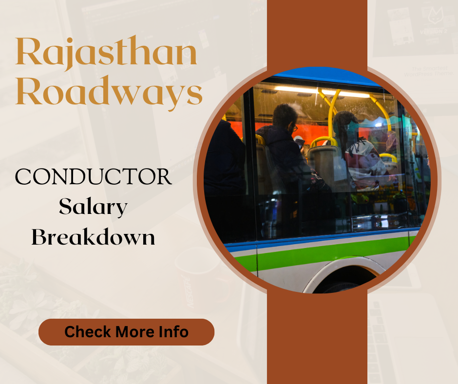 A bus interior with passengers seated, accompanied by text about Rajasthan Roadways conductor salary breakdown and a prompt to check more information.