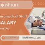 "Graphic displaying 'Rajasthan Paramedical Staff Salary in Detail' with an image of a medical professional working on a laptop, stethoscope, and medical tools nearby."