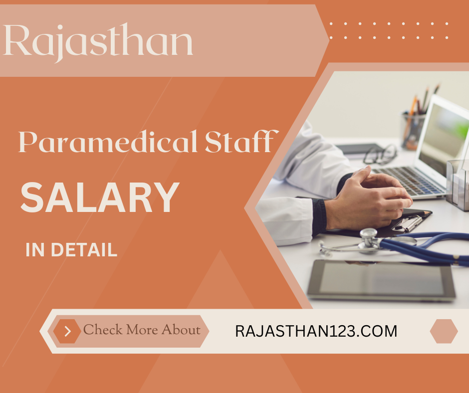 "Graphic displaying 'Rajasthan Paramedical Staff Salary in Detail' with an image of a medical professional working on a laptop, stethoscope, and medical tools nearby."